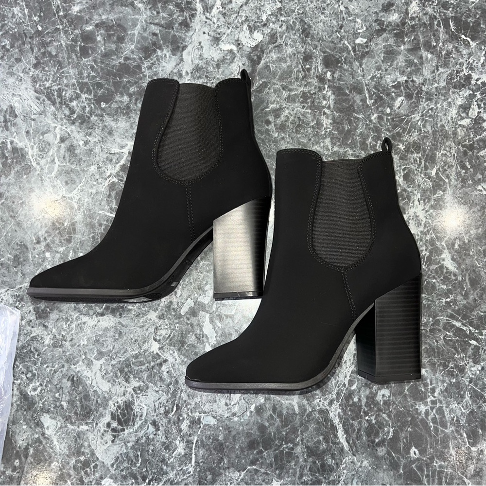 Brand new black suede boots, still in packaging